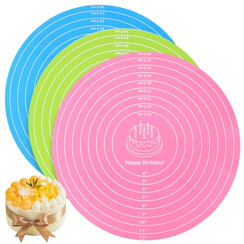 TIESOME 3 Stück Runde Silikon-Backmatte, 12 Zoll (30cm) Silikon-Walzmatte mit Messungen, wiederverwendbare nicht-klebende hitzebeständige Backplatte für Teig, Fondant, Cookie & Pizza (blau rosa grün)