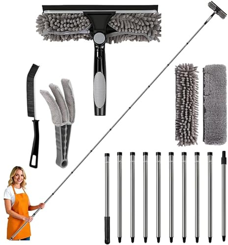 Vibrivio Pulitore finestra con asta telescopica, set 4 in 1 con testina girevole, tergicristallo con estrattore e spolverino per vetro, specchi, piastrelle, finestrini auto e pannelli solari