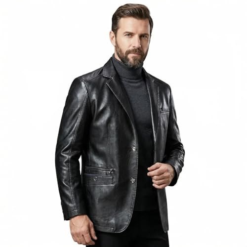 HESYSUAN Giacca da uomo in pelle, stile business casual, con risvolto in morbida pelle, vestibilità regolare, 2 bottoni con tasche, Nero , M
