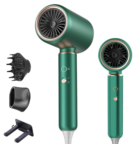 Asciugacapelli Professionale 2200W con Motore AC, Tecnologia agli Ioni Anti-Crespo, 4 Temperature e 2 Velocità, con Diffusore e Bocchetta Concentratrice (Verde)