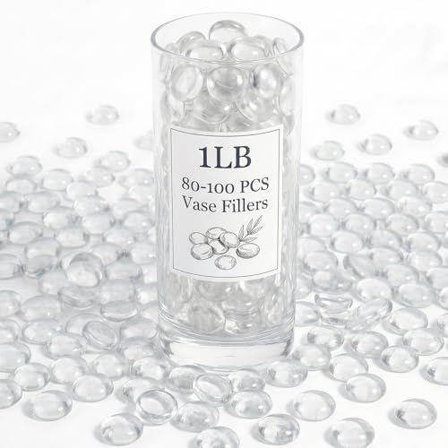 440g (80-100 Stk.) Klare Flache Glassteine & Muggelsteine, 17-19mm Transparente Glasnuggets – Vasenfüller, Aquariumschmuck, Hydrokultur&Deko, Kristallklare Glasmurmeln für Blumenarrangements & DIY