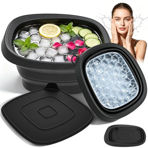 Face Ice Bath Bowl with Built-in Ice Tray – Collapsible Silicone Facial Ice Bath for Cold Plunge Therapy, Skin Tightening & Puffiness Relief – Portable Spa Tool for Home & Travel (Black)