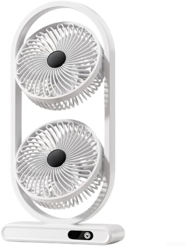 Ventilador de mesa USB con doble cabezal giratorio y pantalla digital, 5 niveles de velocidad, silencioso para camping, oficina, escritorio, portátil, pequeño ventilador recargable (A)
