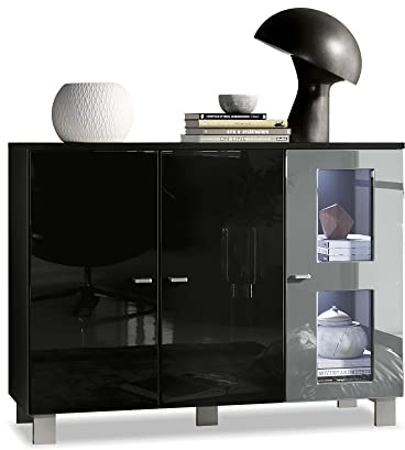Vladon Sideboard Denjo, Made in Germany, Kommode mit 3 Türen, Schwarz matt/Schwarz Hochglanz/Grau Hochglanz, inkl. LED-Beleuchtung (107 x 81 x 35 cm)