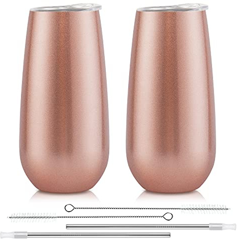 Lot de 2 verres à champagne sans pied isothermes de 177 ml, verres incassables à double isolation pour amis, anniversaire, Noël, mariage (or rose)