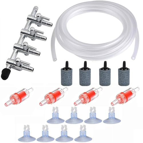CTRICALVER Ensemble d'accessoire Aquarium, avec Distributeur de répartiteur de Pompe à Eau Quatre Voies, 5m Tuyau, Air Bubble Pierres, Valves de Contrôle, Clips d'Aspiration