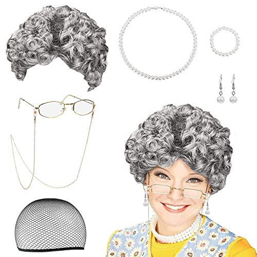 Oma Perücke Grauer Old Lady Kostüm Großmutter Cosplay Zubehör Set Zubehör mit Locken Oma Perücke, Madea Oma Brille, Brillenketten Kordelriemen, Perlenschmuck Oma Verkleidung