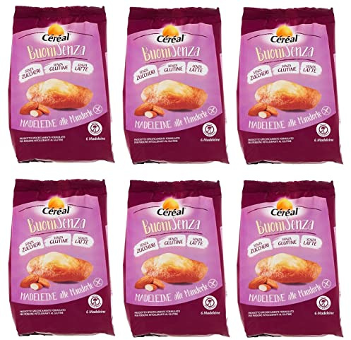 6x Céréal BuoniSenza Madeleine alle Mandorle Mandel Madeleines Ideal zum Frühstück Süßer Snack mit Mandelgeschmack glutenfrei, milchfrei und zuckerfrei 180g Packung