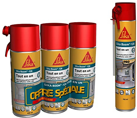 SIKA - Lot 3x400ml de Mousse PU expansive Spécial Moyen Format expansion 20L + 1x750ml , Mousse polyuréthane Spécial Grands Volumes : Expansion 34L - Sika Boom 128, Réutilisable, Usage tous sens
