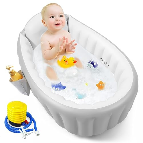 PandaEar Inflatable Baby Bathtub with Air Pump, BPA-Free Non-Slip Portable Travel Bathtub for Newborn to Toddler (0-36 Months), Collapsible Blow Up Shower Tub, Space-Saving Wash Basin, Grey