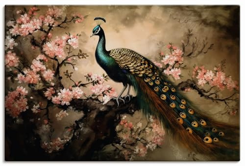 ARTLAND Wanddeko Leinwand Bilder Wandbild 60x40 cm Asiatische Deko Pfau Baum Blumen Kirschblüten Vintage U4WA