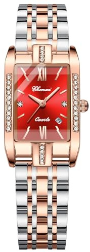 OIDEA Damen Uhren Rechteckig Armbanduhr: Rot Damenuhr Analog Quarz Uhr mit Römische Ziffern Zifferblatt Strass Kalender Beiläufige mit Metall Armband Geschenk für Frauen
