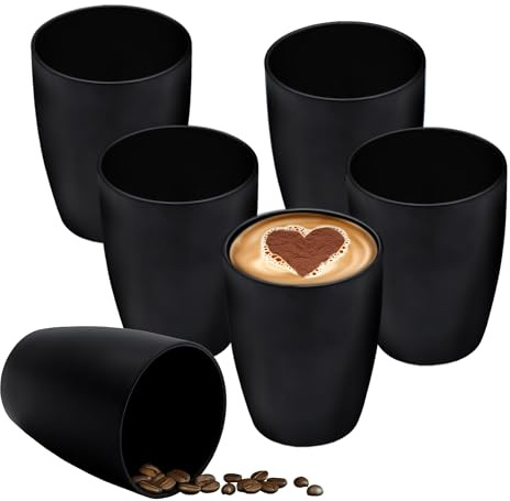 Kaffemugg i porslin utan handtag, svart matt – set om 6 – kaffe och temugg för 350 ml – temugg, kaffekopp, dryckesmugg