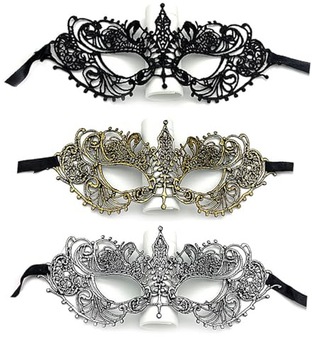Votvlog 3 Stück Maskerade Spitzenmasken für Damen, Venezianische Maske Spitze Kostüm Weiche Gold Partymaske Augenmaske Sexy Maske Spitze für Halloween Karneval Abendkleid Tanz Ball Party Cosplay