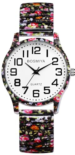 Oidea Women's Easy Reader Watch: Big Face Large Claer Number Elastic Strap Watches for Women Bohemian Print Stretch Band Wrist Watch Analog Quartz Casual Business Ladies Wristwatch