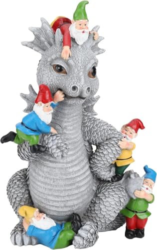 Dragon Gnome Statues Outdoor Decor,7” Funny Dinosaur with Gnome Garden Statues，for for All Season Lawn Decor, Garden Decoration, Gardening Gift for Women