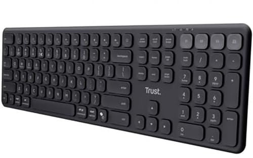 Trust Vaiya Teclado Inalámbrico Bluetooth + 2.4 GHz QWERTY Español, Teclado Bluetooth Multidispositivo Recargable con Numpad, 55% Plástico Reciclado, Windows iOS iPadOS macOS Android, Negro