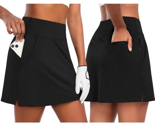 XFSRG Gonna Tennis Donna a Vita Alta Elastica Elegante Sportiva Estiva Skort con Pantaloncino e Tasche per Yoga Golf(Nero/M)