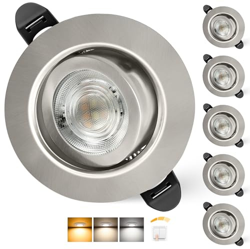 Aulaiyi LED Einbaustrahler 230V Dimmbar 68mm 5.5W IP44 LED Spot Ultra Flach | Deckenspots 45° Schwenkbar Einbauleuchten Warmweiß Neutralweiß Kaltweiß Einbauspots für Bad Wohnzimmer, Nickel 6er Set