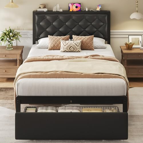 Fluest Twin Bed Frame with Storage Drawer, Upholstered Headboard Button Tufted Bed Frame with Charging Station, No Box Spring Needed, Noise-Free, All Metal Structure, Black