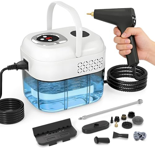 Nettoyeur Vapeur 2500W, Portatif Nettoyeur Vapeur à Main, 1700ml Réservoir d'eau, Poignée Réglable 6 Niveaux, Temps de Chauffe de 15s, Nettoyant Vapeur Haute Température pour Fenêtres,Cuisine,Voiture