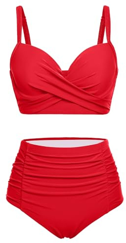 Yonique Women Underwire Bikini Set High Waisted Tummy Control Swimsuit 2 Piece Push Up Bathing Suit Solid Red M