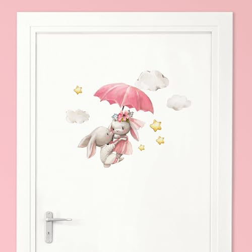 Little Deco Türaufkleber, Wandtattoo Kinderzimmer, Hasen mit Schirm | Wandsticker, Sticker personalisiert, Babyzimmer Deko, Wunschtext Aufkleber, Tür Namensschilder Kinder, Stickers selbstklebend
