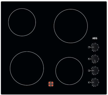 AEG 3000 Series Radiant Hob, Ceramic Hob, HK614000CB, 4 Cooking Zones, 60cm, Knobs Control, Residual Heat Indicators, Easy to Install Built-in Hob, Easy to Clean, 38x560x490mm, Black