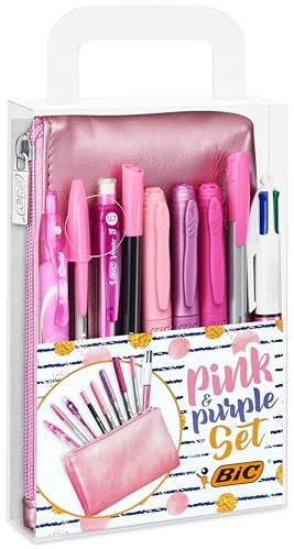 BIC Stifte Set: 2 Kugelschreiber, 1 Federmäppchen, 1 Fineliner, 2 Bleistifte, 1 Tintenroller & 3 Permanent Marker, Pink & Purple Set