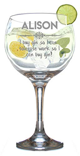 GiftsOnline4U Personalised Gin and Tonic Glass Engraved Balloon Shaped G and T Novelty Juniper Copa Cocktail Stem Name Flower Line Gift Box 630 ml