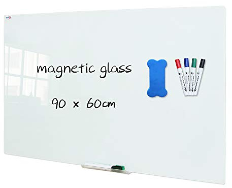 XIWODE Magnetic Glass Dry Erase Board, 90 x 60cm, Wall Mounting Tempered Glass Whiteboard, Frameless, White Frosted Surface