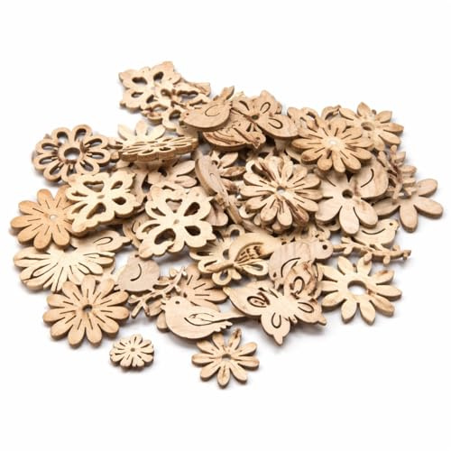 Perlin Holz Streudeko 100 Stück Blumen Tiere Formen DIY Set zum Bemalen Scrapbooking Tischdeko Hochzeit Kreativ Set 23–34 mm Natur
