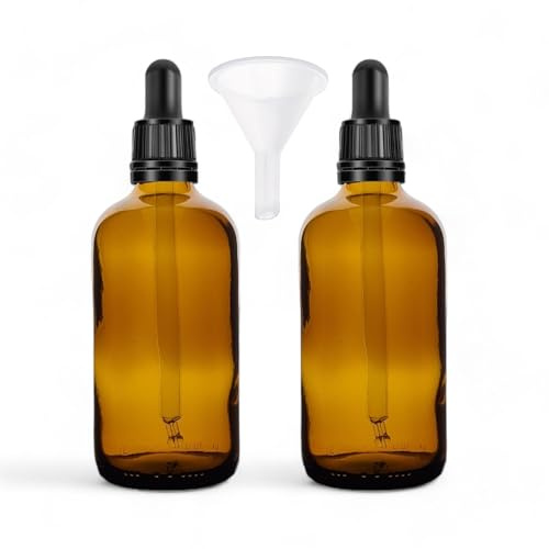 AVALON 100ml Amber Glass Dropper Bottles with 18mm Neck - 2-Pack, Black Tamper-Evident Collar & Bonus Funnel - Essential Oil, Serum & Liquid Storage