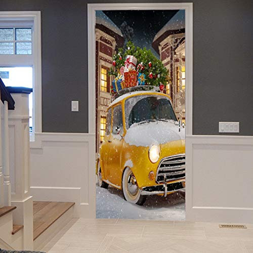 A.Monamour Türtapete Selbstklebend Türfolie Türposter 3D Gelbes Retro-Auto Das Weihnachtsbaum Weihnachtsnacht Trägt Weihnachten Vinyl Folie Türdeko Tapete Wandbild Türaufkleber Türtattoo 77 x 200 cm