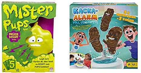 Mattel Games DPX25 - Mister Pups lustiges Kartenspiel und geeignet für 2-6 Spieler, 5 Jahren + GRF99 - Kacka-Alarm Voll Verstopft! lustiges Partyspiel ab 5 Jahren