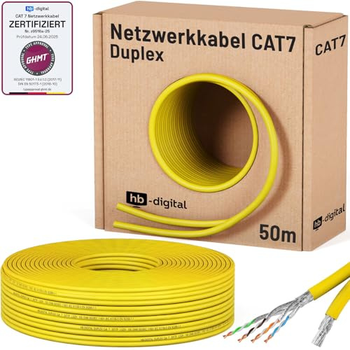 HB-DIGITAL 50m CAT 7 Netzwerkkabel reines Kupfer Duplex - Gelb | LAN Kabel GHMT Zertifiziert Verlegekabel Ethernet Installationskabel, 10 Gbit/s, reines Kupfer AWG23 S/FTP