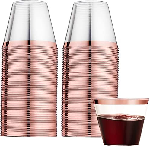 LATERN 60Pcs Rose Gold Rimmed Plastic Cups, 270ml Plastic Tumblers Reusable Drink Cups Elegant Party Wine Glasses for Champagne Beer Cocktail Martini Soda Dessert (8.9 x 7.1cm)