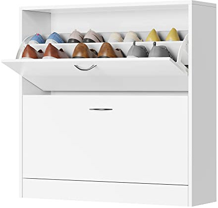 fevarbord Schuhschrank weiß, Schuhkipper schmal, Schuhregal mit 2 Klappenschubladen, Schuhkommode Schuhschrsnk aus Holz für Flur, Diele 80x23.5x80cm