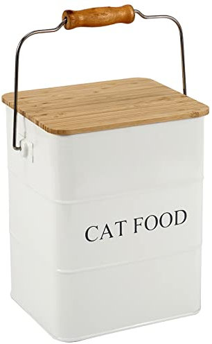 Ctomche Metal Cat Food Container,2 Pc Set With Scoop,Tight Fitting Wood Lids,Farmhouse Dog Dry Food Tin With Handle, Medium pet food container 5-6lbs White