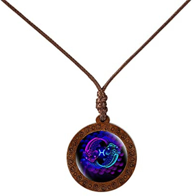 LODMLOER Sternzeichen Halskette Schmuck Geschenk,Rustikales Holz Und Glas 12 Sternbild Zeichen Halskette,Glückliche Sternbild Halskette Geburtstag Weihnachten, Fische