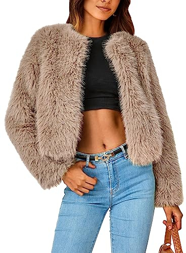 PRETTYGARDEN Women's 2025 Winter Coats Fleece Cropped Jacket Faux Fur Long Sleeve Pockets Shaggy Warm Outerwear Fall Clothes (Khaki,Small)