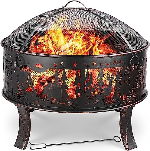 TLGREEN Brasero Exterior jardín, Pozo de Fuego con protección Parachispas, Hogueras de 71x65 cm, Incluye Rejilla de carbón para póquer, 4 PCS pie, para Camping, Playa, Aspecto Retro, patrón de Alce
