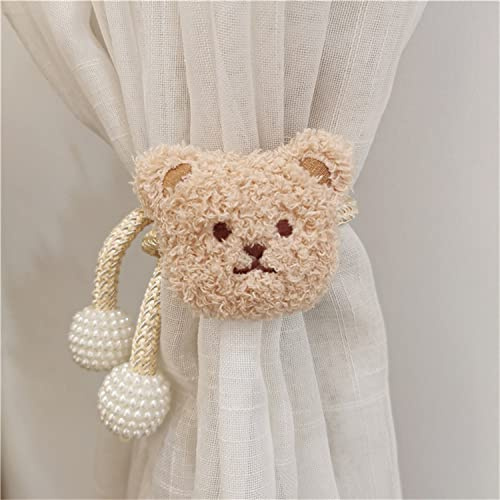 Herfair 2 Stück Gardinenclips Raffhalter Seil, Cartoon Bär Vorhanghalter, Bär Vorhang Raffhalter, Gardinen Haken Ringe Bär für Kinderzimmer Dekoration (Beige)