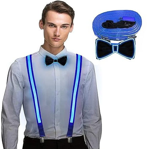 YeahBoom Leuchtende Herren-LED-Hosenträger und Fliege, LED-Leucht-Hosenträger, Verdrahtet Neon Rave Brille, für Musik Festival, Weihnachten, Neon-leuchtendes dunkle Party Supplies für Party deko