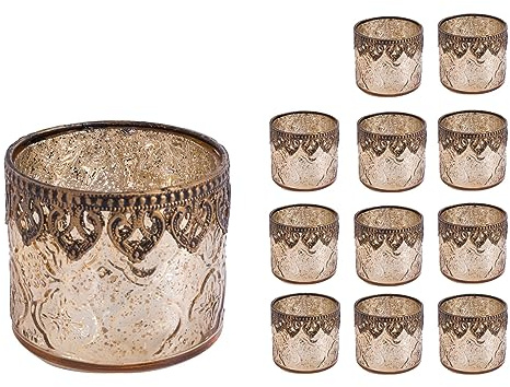 Jinfa Set di 12 Portacandele in stile orientale, portalumini in vetro decorativi, porta candele votive | Forma cilindrica | Oro Ø 10cm x h 9cm