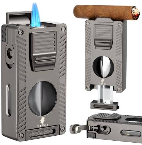 XIFEI All-in-One Zigarrenfeuerzeug mit V Cut Zigarrenschneider, Zigarrenpunsch, Zigarrenständer, Zigarrenziehverstärker, nachfüllbares Butanfeuerzeug mit Geschenkbox, winddichtes Double Jet Flame