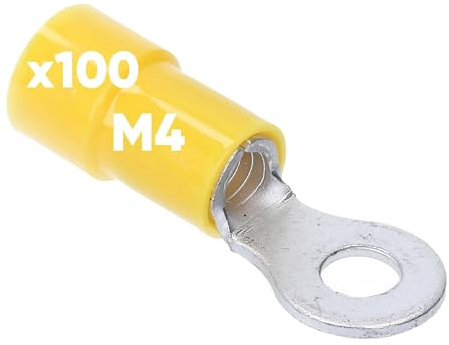 Kalitec 100x Ringkabelschuh 4-6mm² - Teilisoliert M4 Gelb - Kupfer | Quetschverbinder Set für KFZ & Hifi - Sicherer Kabelverbinder mit PVC Kragen - Für Crimpzange und Presszange geeignet