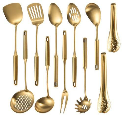304 Stainlss Steel Matte Kitchen Utensils Set, 11 Pcs Long Metal Cooking Utensil Gadgets Tools Set with Spatula, Spoon, Ladle, Skimmer, Tunner, Pasta Server, Tongs(Gold, Dishwasher Safe)