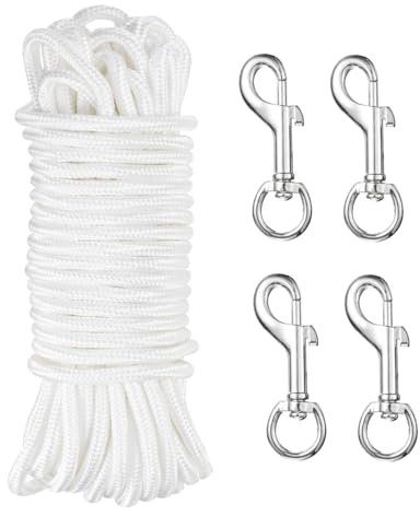 sourcing map 100Ft Flag Pole Rope Kit, Flag Pole Halyards Rope 15/64 Thick with 4 Pcs Zinc Alloy Swivel Flagpoles Clips, Nylon Flagpole Line Rope White