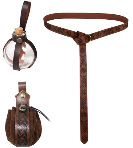 LYPPUL Halloween Nekromanten Anzug, Mittelalter Gürtel Damen, Mittelalter Kleidung mit 250ml Zaubertrank FläSchchen, Herren Mittelalter GüRteltasche für Halloween Cosplay Wikinger Kostüm